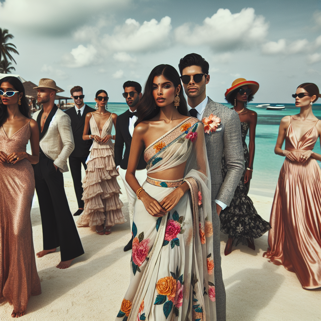 A daytime wedding by the seaside. A diverse crowd of guests in stunning dresses, perfectly styled for a destination wedding. The foreground features a South Asian woman in an elegant saree designed with tropical flower patterns, wearing delicate gold jewelry. Beside her stands a Hispanic man tailored in a sharp linen suit. Further beyond, Black and Caucasian guests mix and mingle, showcasing styles from flowing maxi dresses to chic cocktail dresses, accessorized with colorful hats and sunglasses. All set against a background of the beautiful turquoise sea and clear blue sky.