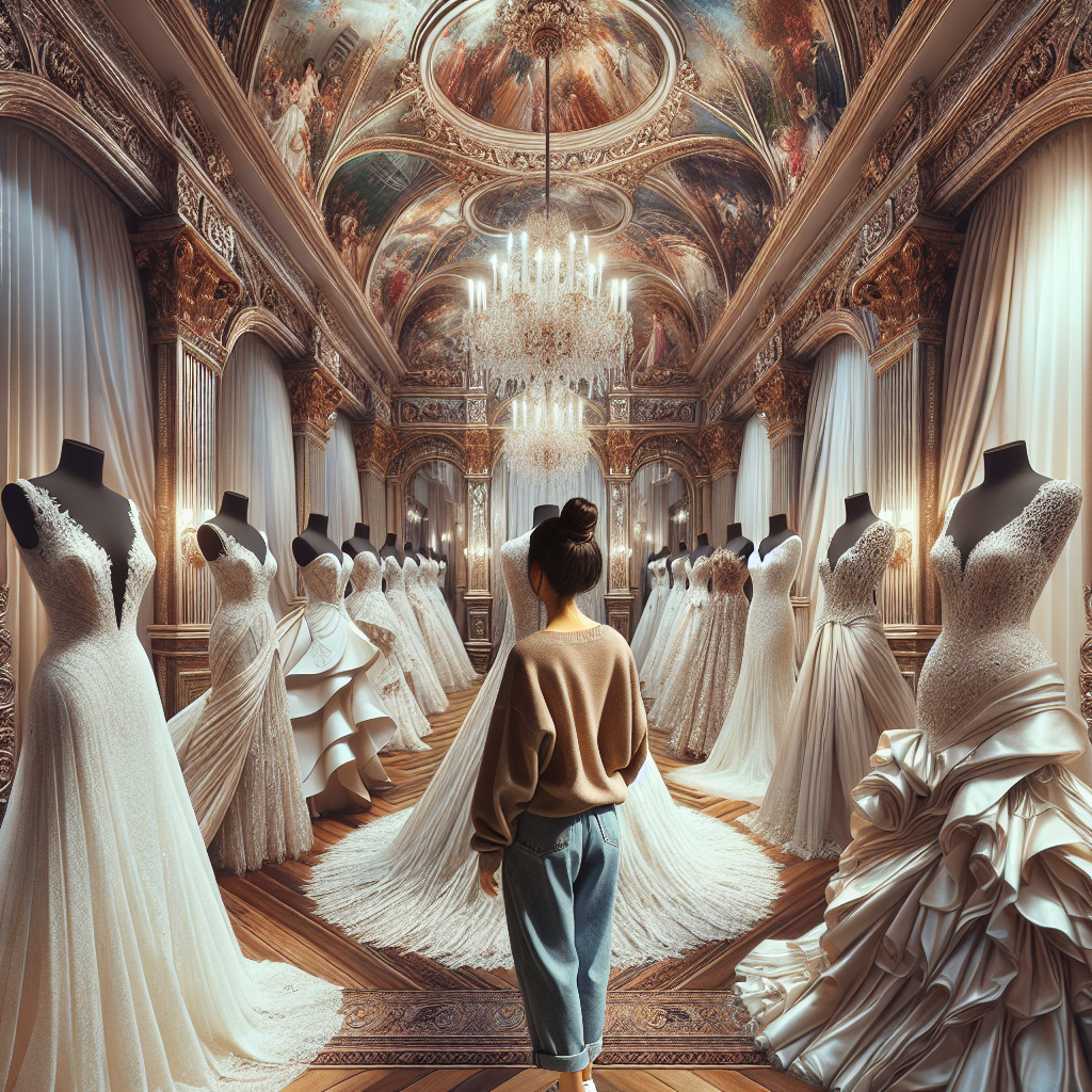 Imagine an intricate scene of a grand fashion boutique with a range of spectacular wedding gowns on display. Each dress is unique; an exquisite, shimmering white dress on a mannequin with delicate lace detailing, an elegantly draped ivory gown with flowing silk fabric, a magnificent blush wedding dress with intricate crystal embellishments. The atmosphere is one of anticipation and quiet excitement. Amidst the collection, a woman of Hispanic descent dressed in casual clothing, with her hair up in a loose bun, is captivated by a particularly beautiful dress that's perfect in design, fabric, and style, suggesting she's found her dream gown.