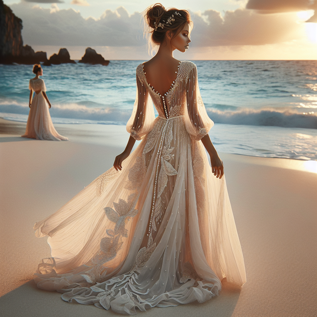 Imagine an elegant beach destination wedding dress. The dress, perfect for a sunset ceremony next to the ocean, is a flowy, full-length silhouette. The fabric is lightweight, perfect for the gentle breeze of the beach, and a soft pastel tone suits the romantic setting. The dress is adorned with delicate, pearl-like beadings and has an intricately patterned lace overlay. Asymmetrical layers of the dress give it an airy feel while the open back adds a touch of modernity. The bride, a Caucasian woman with an updo hairstyle, looking towards the setting sun, complements the dress beautifully.