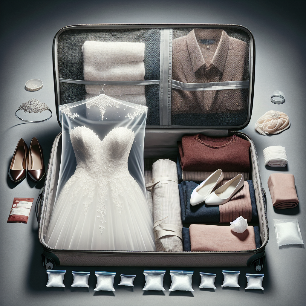 Imagine an efficiently packed suitcase. On the left side is neatly folded clothing. Next to it is a pair of shiny wedding shoes wrapped carefully in a silk cloth. On the right side is a beautiful wedding gown, pristine white, carefully folded and placed in a protective garment bag with a transparent front. The gown sparkles subtly. At the top of the suitcase is a small box. Inside it is a bridal veil, folded carefully with tissue paper and a tiara resting on its side. Around these items, small packs of silica gel are scattered to provide additional protection.