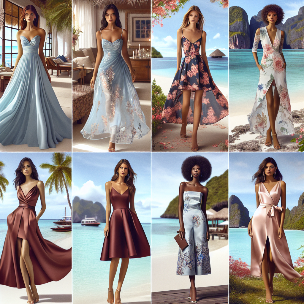 Stunning Wedding Guest Destination Dresses: Effortless Elegance! Imagine an array of stunning wedding guest dresses, designed for destination weddings. Each dress expresses effortless elegance and captures a captivating blend of sophisticated and trendy styles. The first dress is a flowing, light blue chiffon gown donned by a South Asian woman. The second dress, a knee-length floral print sundress, is worn by a Caucasian woman. The third outfit includes a structured, maroon jumpsuit displayed by a Black woman. Lastly, a Hispanic woman is presenting a silk, pastel pink maxi dress. All women are standing against the backdrop of exotic beaches, lush gardens, and charming villas.