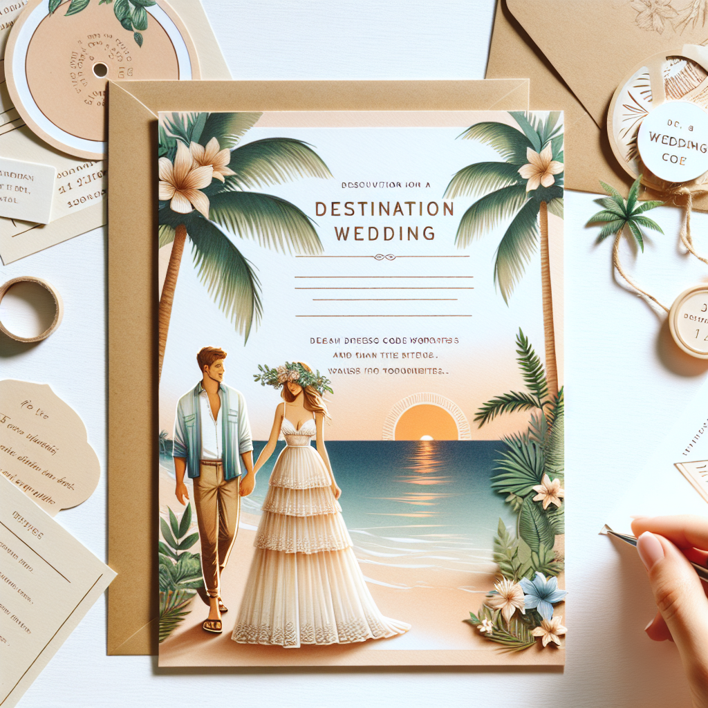 Visualize a cheerful environment of a destination wedding. The focus is on a beautifully designed, elegantly written invitation card which has clear wedding dress code wording written on it and provides a few essential tips. Surrounding the card, hint at the destination wedding site, it could be tropical with palm trees, a beach, and a setting sun in the background for a mood of warmth and festivity. The couple's attire should reflect the theme, perhaps the man in a casual yet classy apparel matching with the woman's light, flowy, bohemian wedding dress. Do not depict any specific person or faces. Pay attention to the details to communicate the spirit of a destination wedding.