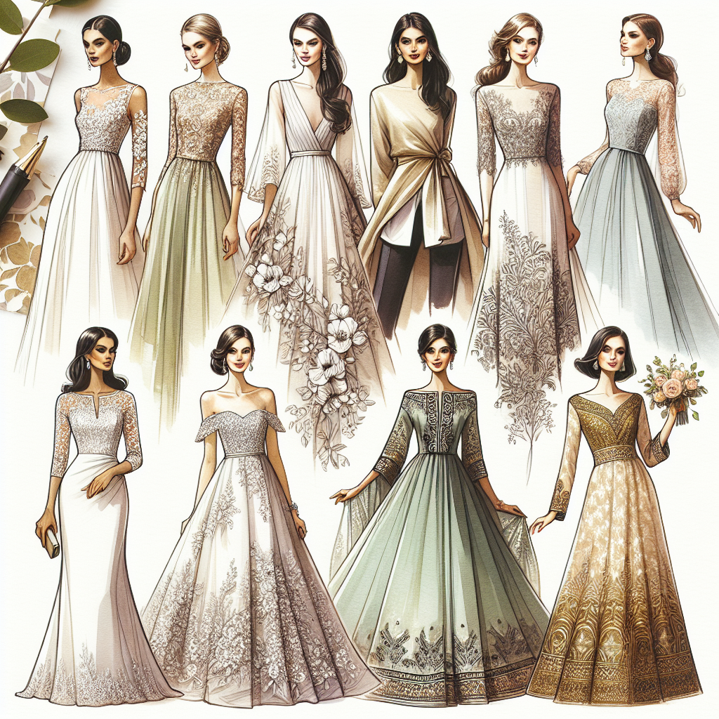 Design an array of stunning destination wedding dresses suitable for mothers. The first dress should be a light, free-flowing gown with floral lace patterns tailored to a South Asian mother. The second should be a sophisticated, knee-length dress in pastel green for a Black mother. The third should be a traditionally-inspired, intricate Middle-Eastern gown in a rich gold color. Finally, feature an elegant, floor-length dress with an off-the-shoulder neckline and a cinched waist for a Hispanic mother. All dresses should accentuate the sophisticated, mature beauty of these women and reflect their cultural backgrounds.