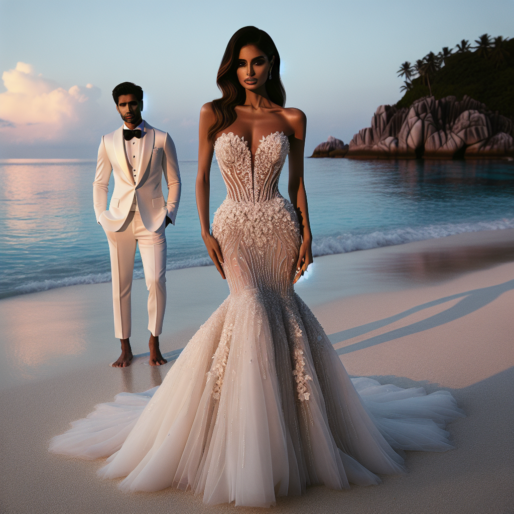 Destination Wedding Dresses: Stunning & Effortless Evoke a serene landscape of a tropical beach, with the blue sea kissing the fine sand and a soft, mellow twilight bathing the surroundings. A South Asian bride standing effortlessly in the foreground, dressed in a stunning mermaid-style wedding gown with intricate crystal beading. Mirror her radiance with a Middle-Eastern groom beside; adorned in a dashing white tuxedo which complements the bride's apparel. This setting embodies the epitome of an extraordinary destination wedding attire.