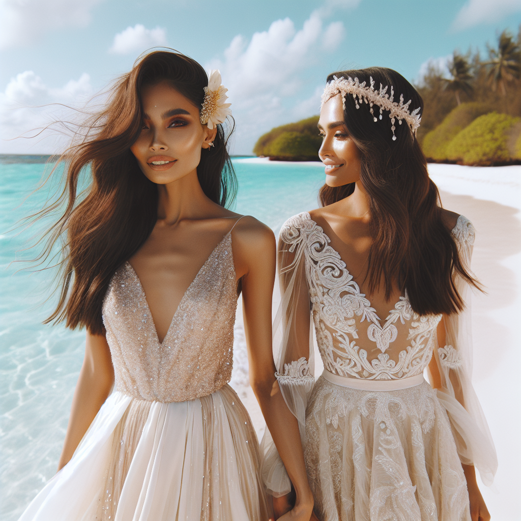 Stunning Beach Wedding Dresses: Dreamy & Effortless Imagine a picturesque beach setting with turquoise waters and powdery white sand beaches, acting as a natural canvas for a dreamy wedding event. Picture two brides, one of South Asian descent dressed in a mesmerizing ivory silk wedding dress which flows with the breeze, and another of Hispanic descent in an elegant lace dress, complemented by an effortless boho-chic headpiece. The sunlight illuminates the sequins on their dresses and their smiles carry the joy and hope of a new beginning. Visualize this intimate and heartwarming scene of a beach wedding.