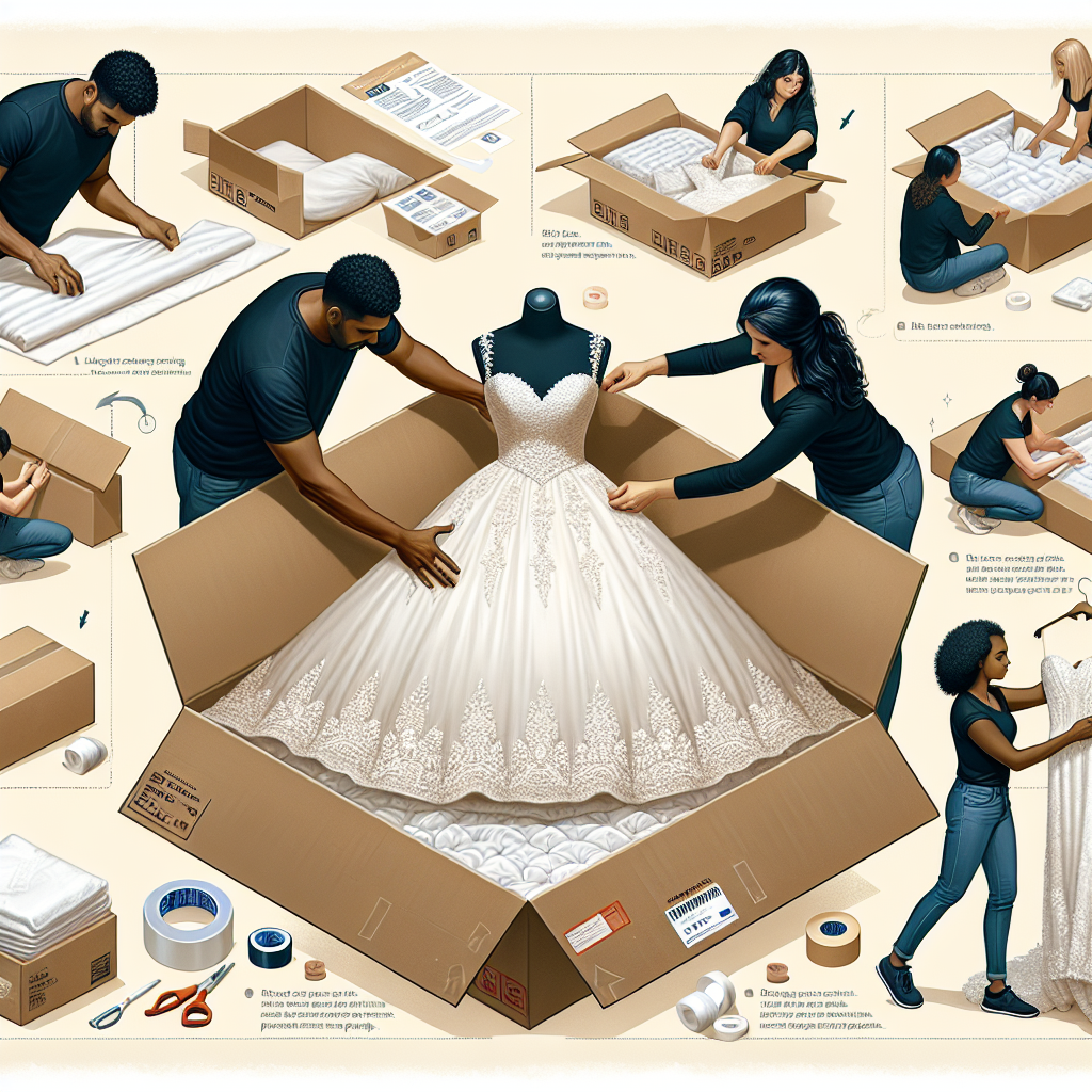 A comprehensive step-by-step visual guide on shipping a wedding dress. On the left, a South Asian man carefully folds an intricately designed white wedding gown onto a clean surface, demonstrating the first step in safe packaging. The center showcases a Hispanic woman gently placing the folded dress into a sturdy box with padding, denoting an important aspect of protective packaging. On the right, a Black woman neatly seals the box with durable tape, conveying the final step in ensuring secure shipment. Subtle hints such as labels and shipping-related tools are scattered throughout, offering an inclusive guide on sending such precious cargo.