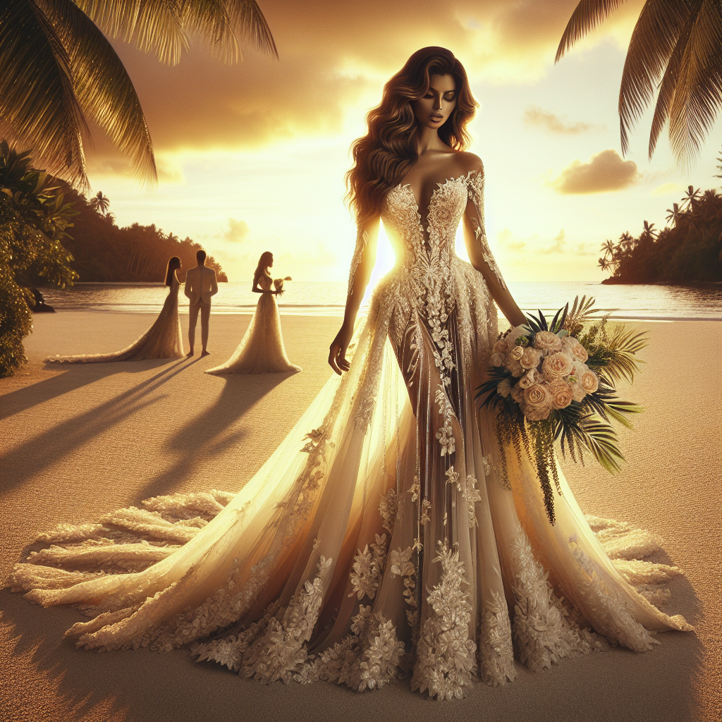 Visualize an exquisite scene of a destination wedding with lush tropical backdrop. The main focus is on the bride who is dressed in a stunning wedding gown that combines both flawlessness and chic style. The gown has delicate floral lace details, intricate beadwork, and a long luxurious train. The Sunset casts a warm, golden hue over the scene. The bride, a Hispanic woman with long wavy hair holds a intricate bouquet of tropical flowers. There are second-person silhouettes scattered in the distance, alluding to guests, giving a sense of context to the destination wedding. The overall image should evoke a sense of enchantment, happiness and elegance.