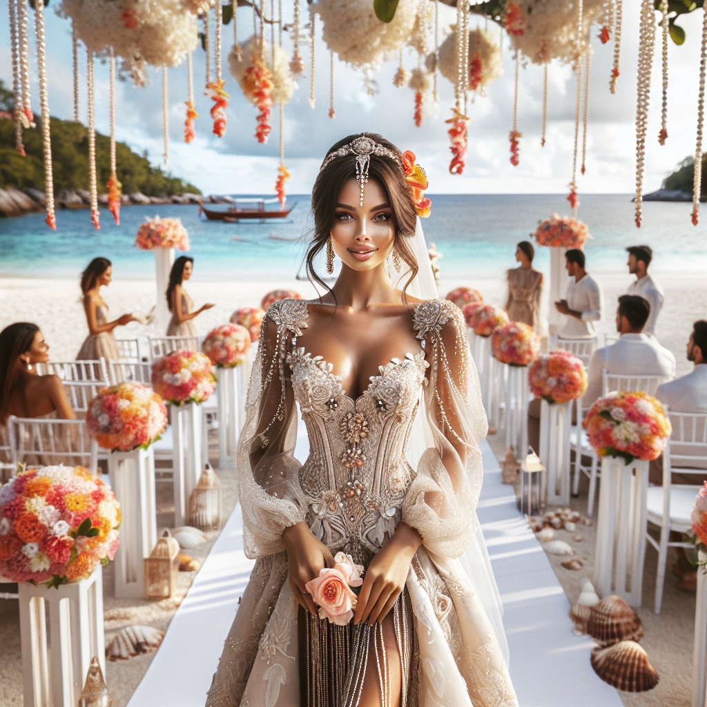 Visualize a scene of a destination wedding. Imagine in the center, a South Asian woman wearing an elegant wedding dress styled with multicultural influences. The dress is elaborately detailed with laces and pearls that shines under the sun. Festoons of exotic flowers decorate the outdoor setting, with an ocean view in the backdrop. Apart from the guests, there are also seashells and white chairs arranged for the ceremony. The woman is radiant with joy, anticipation in her eyes as she steps towards her new beginning. The atmosphere is ecstatic, charged with romance and celebration.