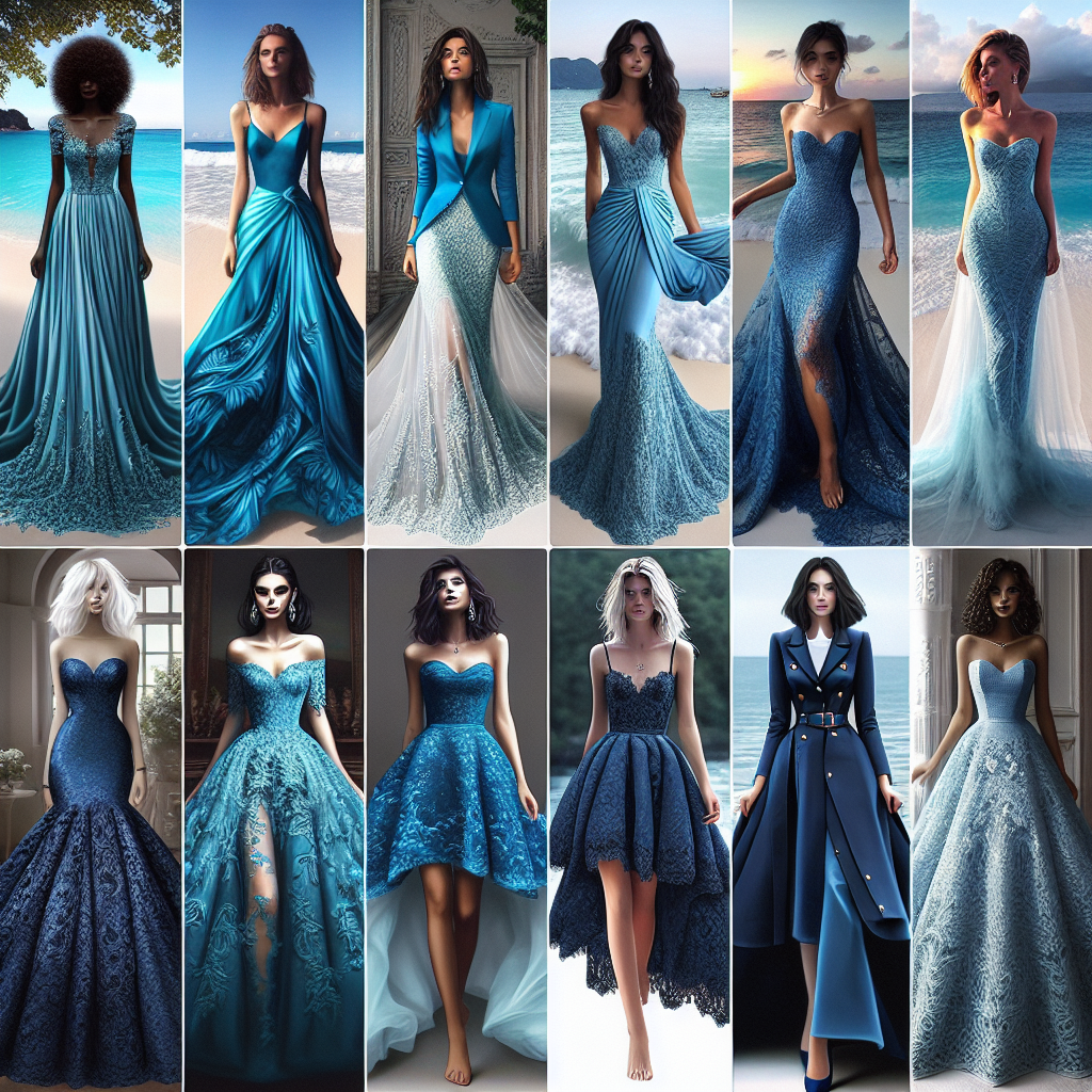 Imagine an assortment of stunning blue dresses, each artfully designed to represent various styles and cultures. Picture one as a long, flowy gown crafted from turquoise silk, perfect for a Middle-Eastern bride. To its right, envision a knee-length sundress with intricate lacing, suitable for a South Asian bride. Next, visualize a Hispanic bride in a cobalt lace mermaid style gown, followed by a Black bride in a modern sapphire blazer dress. Lastly, depict a Caucasian bride in a navy blue vintage dress with a high neckline and lace detailing. Each of these dresses is perfectly suited for a diverse array of destination weddings, against backdrops of either a beach, a hill-top or an old castle.