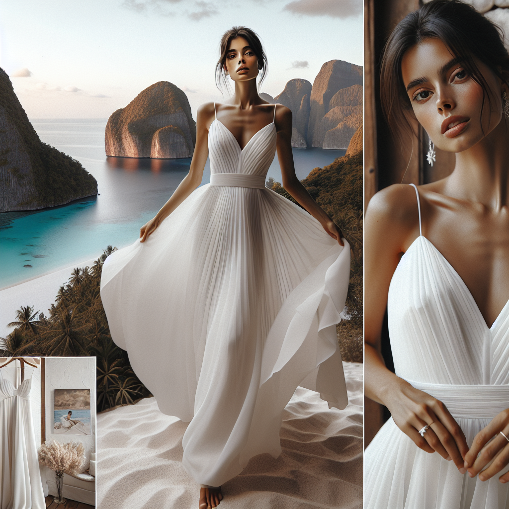 Consider an image showcasing a minimalist yet striking wedding dress. It captures effortlessly graceful elegance, with its straightforward design, flowing material, and tasteful details. The dress is situated in a dreamy destination wedding setting, surrounded by breathtaking nature. In the foreground, a Hispanic woman wears the dress, exuding poise and simplicity. She is photographed in a serene open-air environment that encapsulates the tranquil, romantic atmosphere of a destination wedding, possibly on a beach, amidst a garden, or a picturesque mountain backdrop. This vision celebrates the beauty of simplicity, splendor in the natural environment, and the joyous occasion of a wedding.