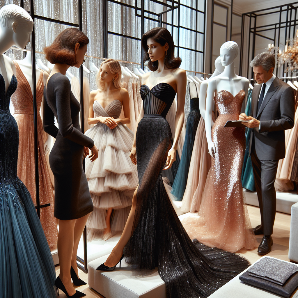 A high-end dress store showcasing a selection of refined, elegant black tie wedding guest dresses. Display includes sleek, fitted gowns in diverse colors and designs. At the front of the collection, a sophisticated South Asian woman models a sculptural midnight blue dress, while a high-spirited Black woman admires an off-shoulder blush sequin gown. A helpful Caucasian sales assistant is offering advice to a middle-aged Hispanic man, who's choosing a dress for his partner. Everywhere you look, luxurious fabrics and exquisite details speak to the must-have elegance of the occasion.