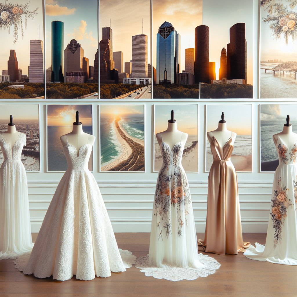 A collection of elegant wedding dress designs perfect for various Houston, Texas destinations. The first dress is a classic a-line gown with intricate lace detailing, perfect for a grand church wedding. The second is a flowy, embroidered chiffon dress in boho-chic style, ideal for a laid-back beach ceremony. The third is a modern, streamlined silk dress, suited to a sleek city rooftop reception. Display each dress on mannequins, with Houston's famous skyline, beaches, and historic churches faintly visible in the background to signify the destination.