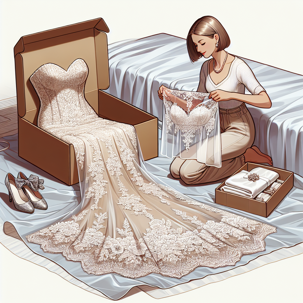 Essential Guide: Pack Your Wedding Dress Flawlessly Illustrate a detailed guide to packing a wedding dress flawlessly. The image should depict a Caucasian woman about to fold an intricately designed lace wedding dress laid on a soft, clean surface, possibly a bed draped with white satin sheets. Adjacent to her, there should be a sturdy, elegant box, all set to safely house the dress. To add richness to the scene, include a few wedding accessories like a sequined veil, satin shoes, and pearl necklace. The overall mood should represent anticipation and care, capturing the essence of preserving something precious.