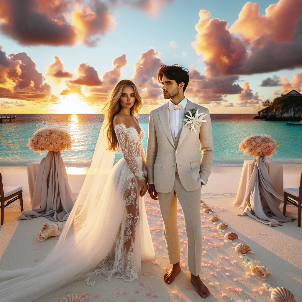 Picture a perfect mix of romance and beauty on an idyllic beach. Envision a middle-eastern groom, impeccably dressed in a lightweight cream linen suit, with a simple seashell boutonniere adorning his lapel. Next to him, imagine a Caucasian bride, looking stunning in a delicate white lace dress, her veil kissed by the sea breeze. There's a beautiful sunset backdrop casting magical hues across the sky and illuminating the crystal clear turquoise water. The white sand is decorated with pastel petals, and chairs adorned with ribbons, leading towards an elegantly simple altar made of driftwood.