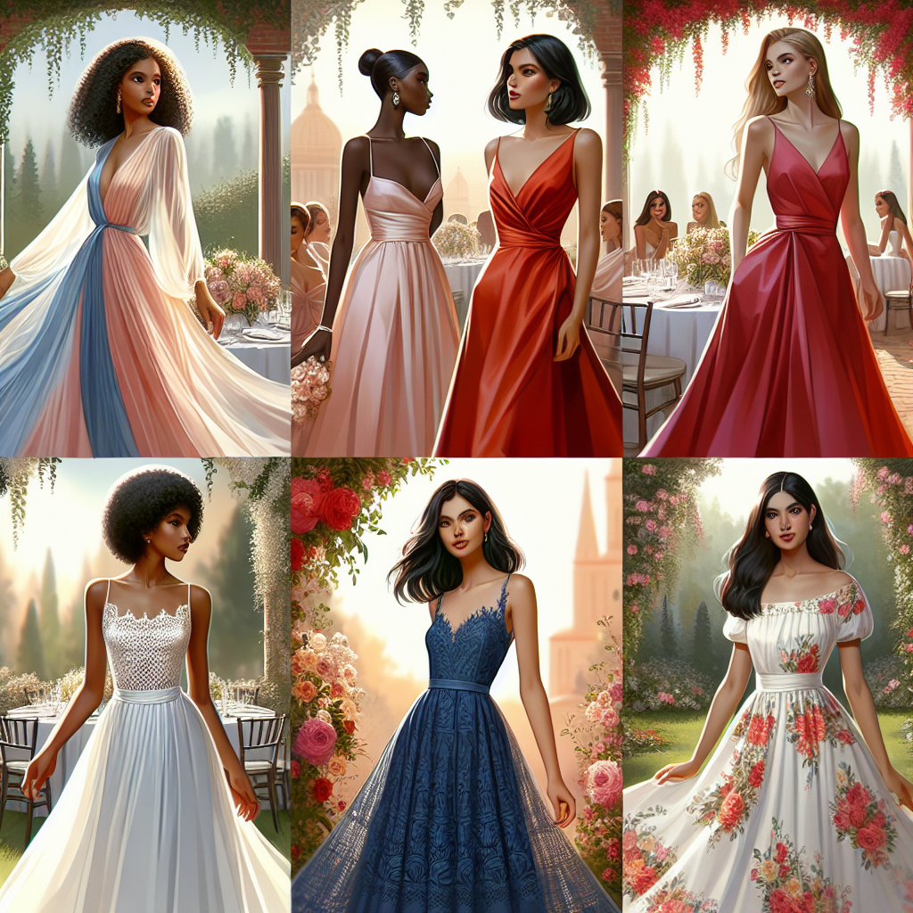 Visualize a collection of stunning, high-quality summer wedding guest dresses. The first dress is a flowing chiffon dress in soft pastels worn by a Middle-Eastern woman. The second dress is a sleek satin dress in vibrant red worn by a Black woman. The third dress is a deep blue lace dress worn by a South Asian woman. The fourth dress is a classic white floral dress in cotton worn by a Hispanic woman. The scene should evoke the warmth of summer with a garden party wedding atmosphere in the background.