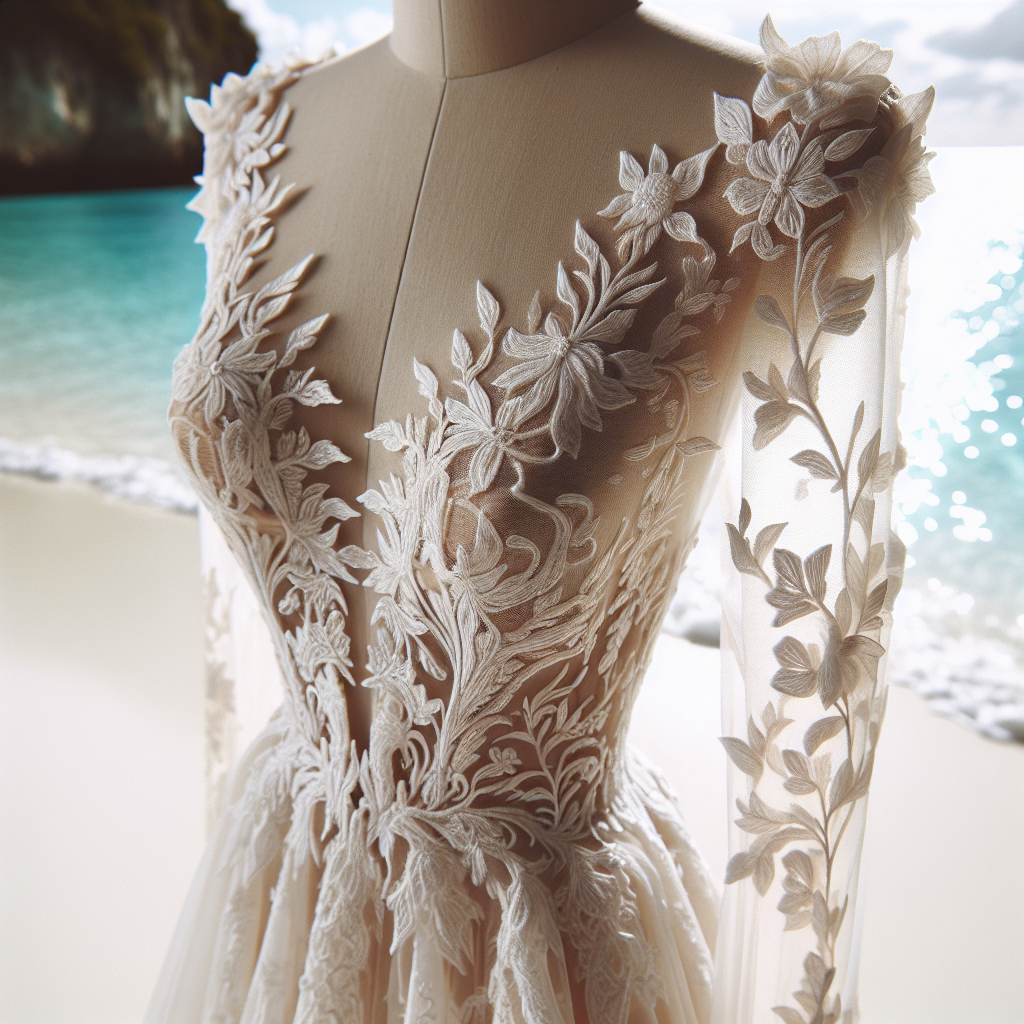Lace Destination Wedding Dress: Stunning & Effortless Styles A close-up image of a delicate lace destination wedding dress draped on a mannequin. The dress is an elegant white color, with intricate, floral lace patterns adding a touch of sophistication. The style is described as stunning and effortless; flowing effortlessly down to the floor with a gentle train at the back. Sunlight filters in, highlighting the attention to detail in the sewing. The background is a sandy beach, with a vivid turquoise sea in the distance, symbolizing the typical destination wedding environment. It exudes an air of romance and tranquility, promising an unforgettable ceremony.