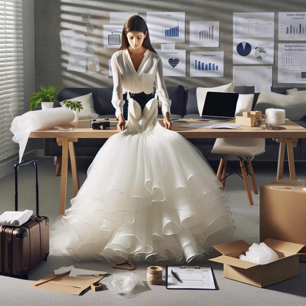 Envision an image illustrating a comprehensive guide for transporting a wedding dress. In the foreground, a professional, female wedding planner of Hispanic descent meticulously folding a magnificent, flowy white wedding gown on a clean surface. Surrounding her are essential tools, including acid-free tissue paper, wooden hanger, breathable garment bag, and specifically designed wedding dress box. Close by, an open suitcase stands ready for packing. In the background, her well-organized office space showcases charts, mood boards, and other planning materials. Let the image evoke knowledge, expertise, and peace of mind among brides-to-be about this task.