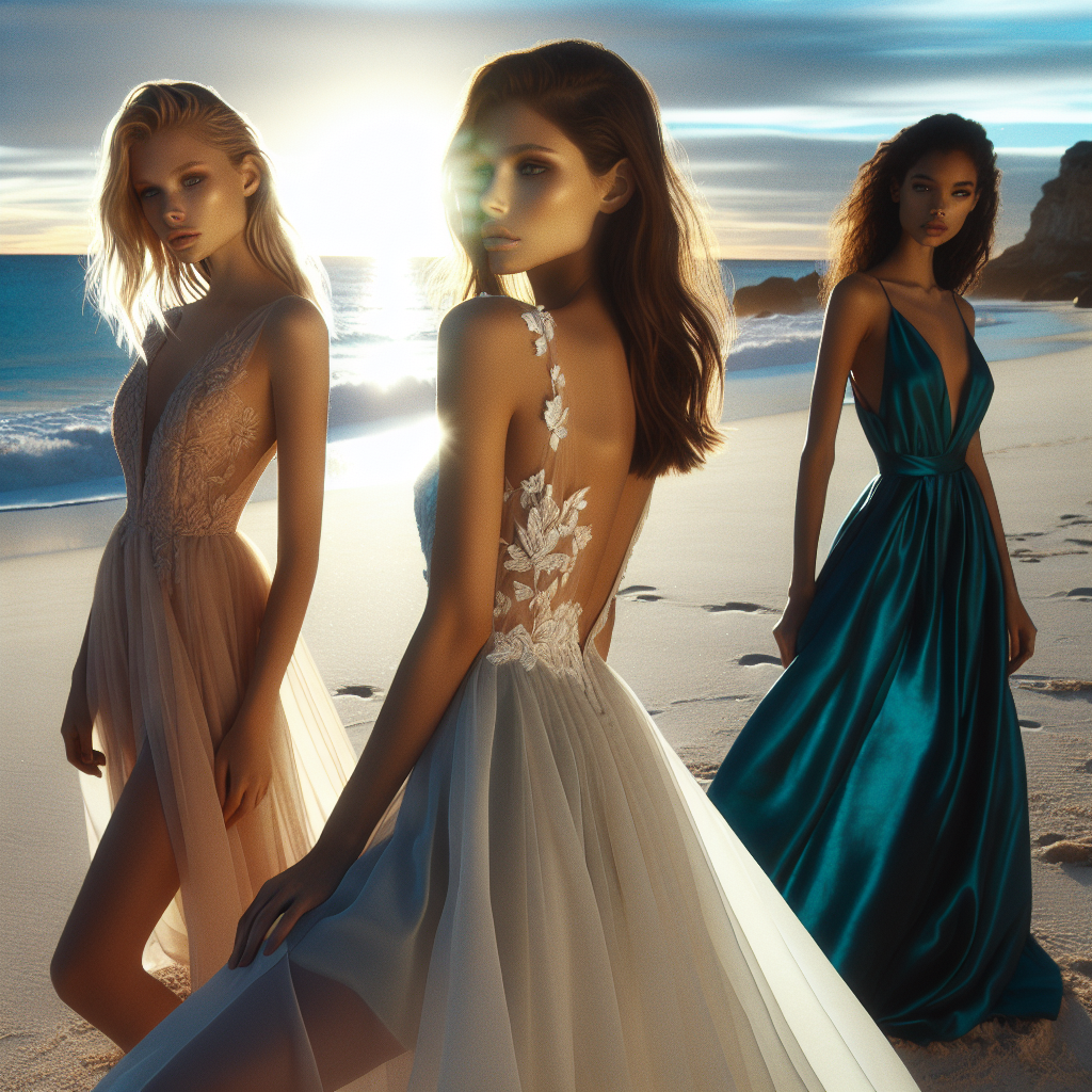 Imagine a soft, sandy beach under a clear blue sky. The sun dip low, illuminating the scene with a radiant glow. Three females of differing descents - Caucasian, Hispanic, and Black - are gracefully posed, wearing their elegant wedding guest dresses. The first woman dons a blush chiffon dress, flowing and light, perfectly matching the warm hues of the setting sun. The second woman, in a royal blue lace gown, stands out starkly against the serene beach backdrop. The third woman is donning an emerald silk dress that reflects the light beautifully. All of their dresses are must-have styles for a beach wedding.