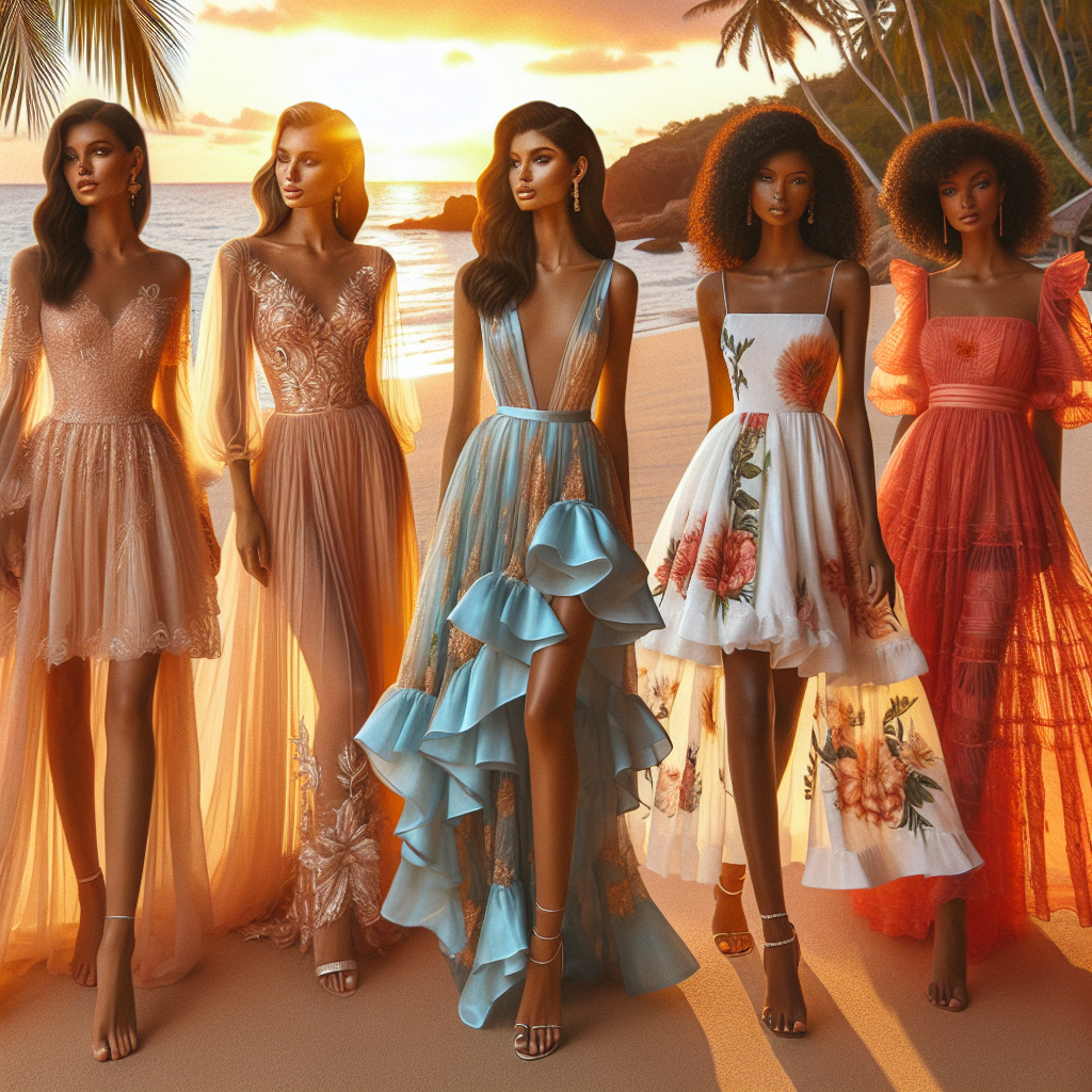 Imagine an exquisite destination wedding in a picturesque, tropical destination. Display an array of must-have guest dress styles that harmonize with the setting. Showcase a collection comprising an elegant peach-colored chiffon gown worn by a Middle-Eastern woman, a striking turquoise midi dress adorned by a Caucasian woman, a stunning floral print maxi dress embellished with ruffles sported by a Hispanic woman, a chic and minimalistic white monochrome dress sported by a South Asian woman, and a vibrant, flowing red sundress modeled by a Black woman. All of them radiate in the warm, glowing sunset with palms and the ocean as a lovely backdrop.