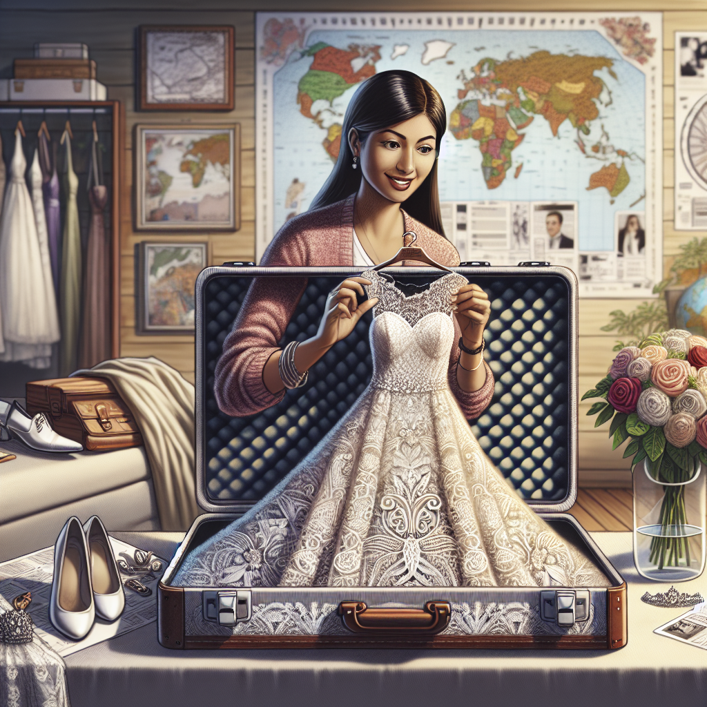 Effortless Guide: Get Your Wedding Dress to Any Destination Visualize a detailed scene of a Hispanic woman carefully packing a beautiful, intricate lace wedding dress into a specially designed travel box. She conveys a calm, assured expression, highlighting the ease of the task. The travel box stands out for its robust structure and soft interior, promising safe transportation. The backdrop is a cozy room filled with wedding preparations - a bouquet of roses, shoes, and bridal jewelry set aside. You can also see a map of various global locations on the wall, suggesting multiple potential wedding destinations. The picture radiates imminent travel, planning, and the excitement of the wedding.