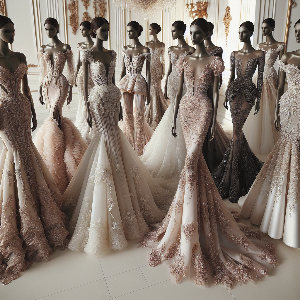 Lavish, intricate and dreamlike gowns designed for a special day. These dresses are inspired from the aesthetic of an esteemed designer. The dresses feature, in details, regal satin fabric, delicate lacework, sweeping tulle, classic mermaid silhouettes, romantic A-line cuts, and flattering fits and flares with intricate beading. Some have sensational off-the-shoulder designs, while others showcase stunning open-back details. The color palette ranges from pristine whites, blush pinks and champagne hues to deeper tones of black and navy. These dresses, set against the backdrop of a well-adorned event venue, inspire feelings of luxury, elegance, and romance.