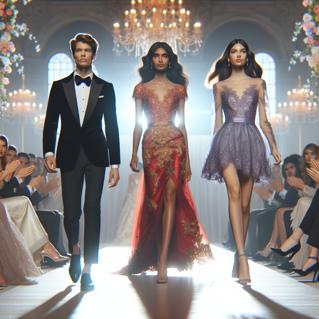 Stunning Wedding Guest Dresses: Must-Have Styles Depict a fashion show scene showcasing a diverse selection of stunning wedding guest dresses. The catwalk is adorned with bright lights and flowers, creating a dreamy atmosphere. Display three diverse models, a Caucasian male in a luxurious black tuxedo, a South Asian female in an elegant red dress with golden embroidery, and a Hispanic female in a beautiful lavender cocktail dress, walking down the runway. Their confident strides reflect the must-have styles in wedding guest fashion. The audience members, engrossed in the show, applaud the models and their exquisite wedding guest attire.
