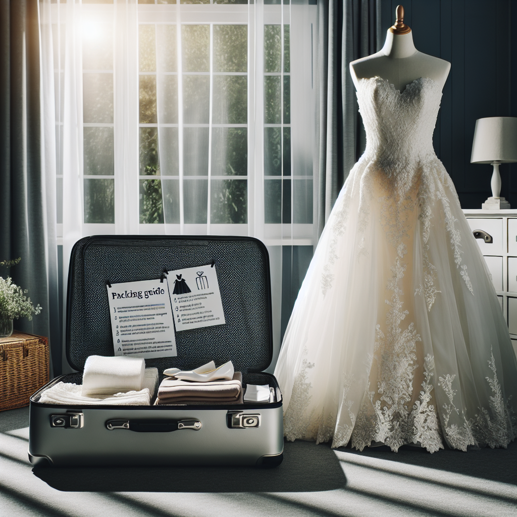 Show a picture that illustrates an easy guide to packing a wedding dress for travel. The image should depict a neatly folded pristine white wedding gown, adorned with intricate lace details. It is placed carefully in a suitcase that's surrounded by other travel essentials. Next to the suitcase is a set of clear step-by-step packing instructions written on a display board. The settings should be a tidy room with a window providing soft and natural lighting. Overhead, a chandelier throws a dappled shadow adding a touch of luxury and antiquity.