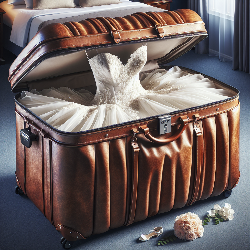 Must-Have Destination Wedding Dress Bag Transporting a wedding dress to a far-off locale presents its own unique set of challenges. Imagine an optimal solution, a premium destination wedding dress bag. It's well-designed to preserve the condition of the gown during travel. You see it in luxuriously textured faux-leather with double-stitched edges, it's spacious enough to accommodate a voluminous bridal gown, the exterior shows secure, sturdy handles and a lock for extra safety. The interior is padded with a satin-like material to protect delicate fabrics, it has multiple compartments for organizing accessories. It's practical yet exudes elegance, making travel a breeze for brides.