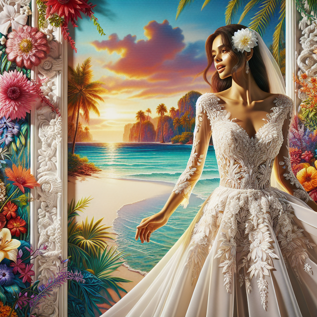 Best Wedding Dress Material for Tropical Bliss A detailed scene set in a tropical paradise. In the foreground, a bride of South Asian descent is glowing with happiness. She is wearing a wedding dress made of light, airy material suitable for a tropical climate, such as soft chiffon or organza. The dress has intricate designs, while retaining its lightweight characteristic. The background captures a pristine white sand beach with clear-blue sea waters calmly hitting the shore, setting a romantic mood. The vibrant and rich colours of tropical flowers and palm trees create a lively and joyful atmosphere. The sun is on its way to set, casting a warm glow on the entire scene.