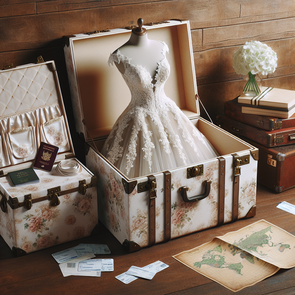 Destination Wedding Dress Box: Must-Have for Easy Travel Imagine an elegant, sturdy, and intricately designed destination wedding dress box. This should be a must-have item for brides-to-be travelling to distant locations for their wedding. The box should be made of thick, white cardboard, adorned with floral patterns. It houses a gorgeous wedding gown with layers of lace and silk, neatly folded. It also has sturdy handles and locks to make transport easy and secure. Beside the box, there should be a stack of travel essentials like passport, plane tickets, and a vintage map, perhaps even an open suitcase, emphasizing the conncept of travel.