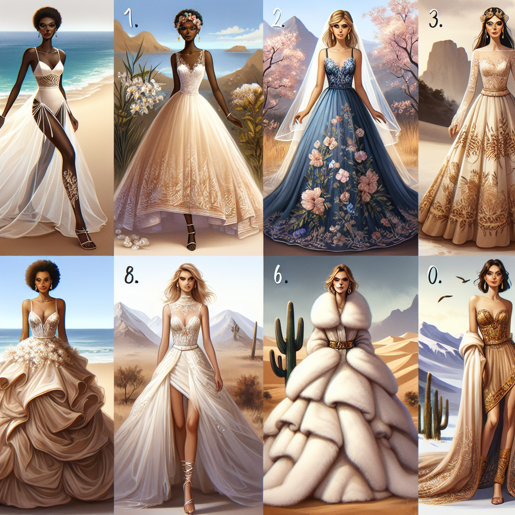 A compilation of different must-have destination wedding dress styles. First, a beach-themed wedding dress, worn by a Black woman, lightweight and ethereal made from organza and sand-colored silk. Second, a garden wedding dress, adorned by a Caucasian woman, in lustrous satin with intricate floral patterns. Third, a mountain wedding dress, sported by a Hispanic woman, woolen with a faux-fur trim perfect for a chilly climate. Finally, a desert wedding dress, fitting a Middle-Eastern woman, extravagant with layers of flowing chiffon fabric and golden accessories. All designs reflect unique traits of destination weddings.