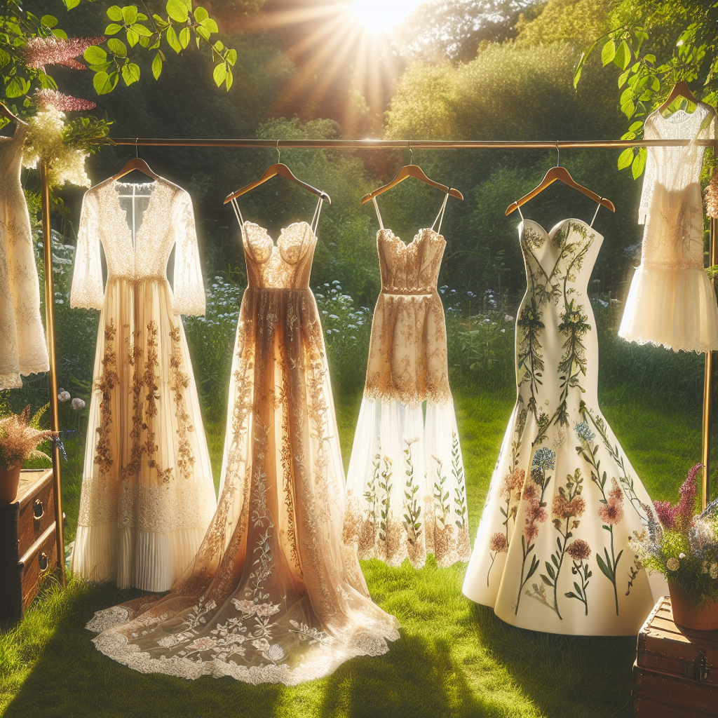 Visualize a serene summer day set in a lush garden. In the warm sunlight, hanging on a wooden dress rack, there are three beautiful wedding dresses, each with distinct styles catering to the summer trends. On the left, an East Asian woman's long, flowing white gown with intricate lace details, in the middle, an African woman's chic, A-line dress with delicate floral motifs, and on the right, a Caucasian woman's elegant strapless mermaid dress, the hem embroidered with summer wildflowers. Enhance the vibrancy of colors reflecting the joy and freshness of summer weddings.