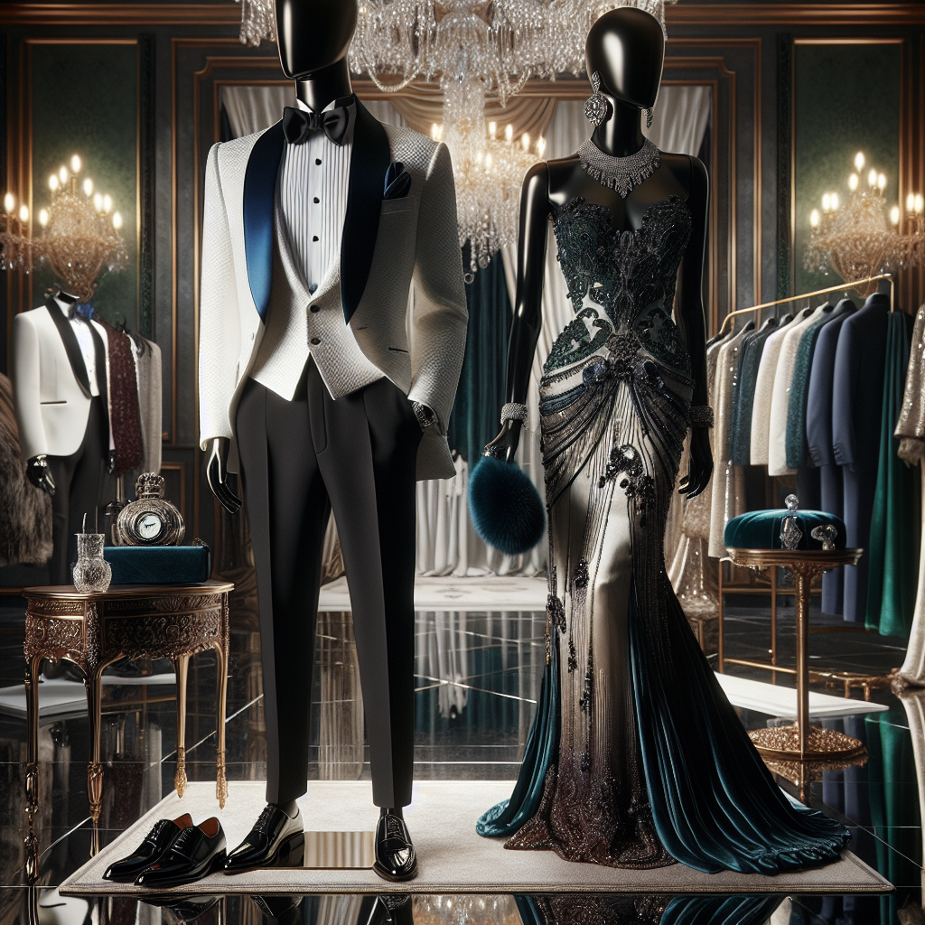 Fashion Edits: Find Your Must-Have Luxury Look Showcase an opulent fashion ensemble that exemplifies luxury. In the centre, place a male mannequin donning a tailored white tuxedo with black lapels, royal blue silk cravat, black leather shoes and accessorised with silver cufflinks and a vintage pocket watch. Beside it, present a female mannequin dressed in a floor-length emerald evening gown adorned with beadwork and sequins, complemented by diamond chandelier earrings, a velvet clutch purse, and stylish patent leather heels. The background should give a hint of an upscale boutique with polished marble floors, dramatic chandeliers, and plush velvet curtains.