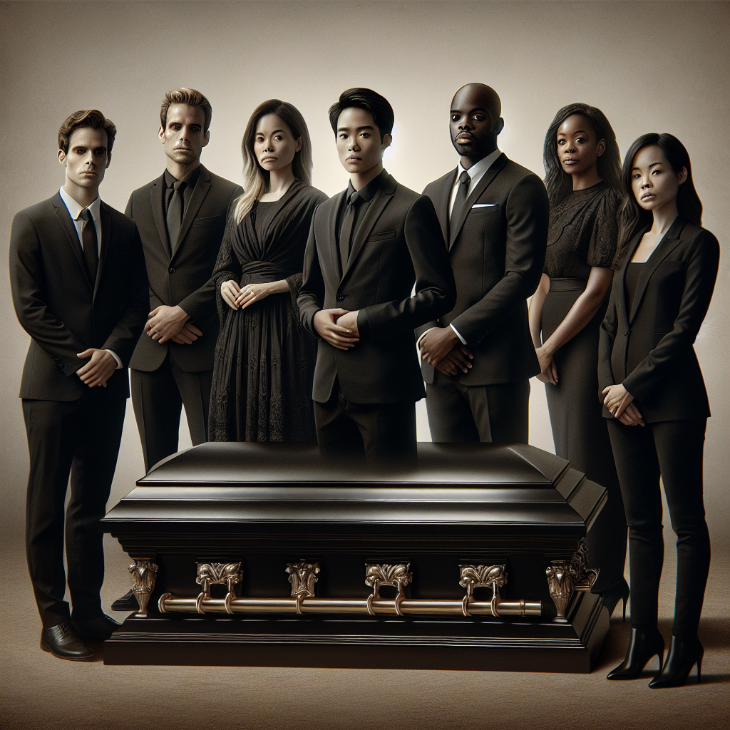 What to Wear to a Funeral: Elegant, Respectful Choices Create an image showing a group of five solemn people, of different genders and descents, dressed in respectful, elegant attire, suitable for a funeral. The depiction should include a Caucasian woman in a modest black dress, an Asian man in a sharp black suit, a Middle-Eastern woman in a dark conservative outfit, a Black man in a well-tailored black suit, and a Hispanic woman elegantly dressed in subtle dark colors. They are arranged in a somewhat circular formation, all portraying an atmosphere of somber respect. The background should suggest a quiet, peaceful setting.
