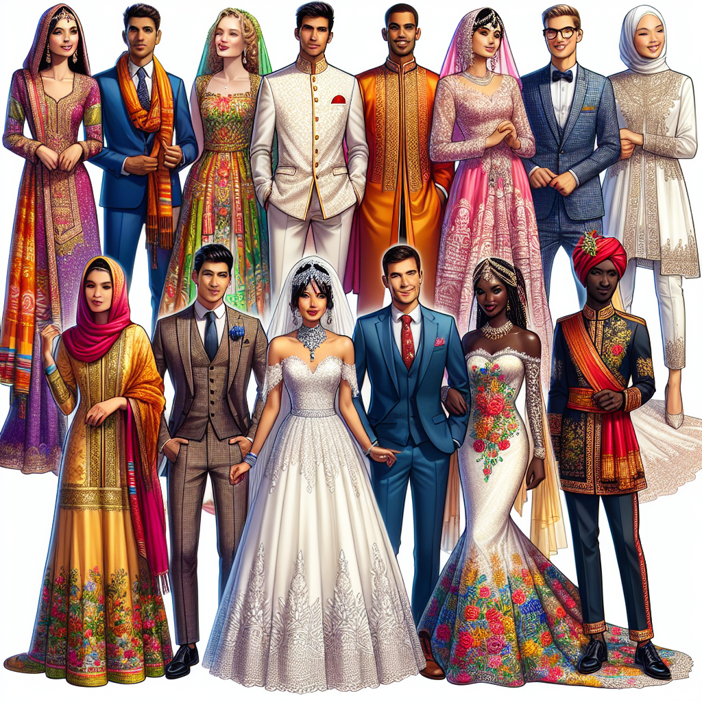 A detailed illustration showcasing a variety of stunning wedding attires in vivid colors. Each attire corresponds to a different cultural background and body type to emphasize inclusivity. On the left side, a South Asian groom in a vibrant sherwani and a Swedish bride in a traditional kurbits wedding dress. In the middle, a Hispanic bride wearing a stunning white wedding dress with floral lace patterns and a Black groom in a smart three-piece suit. On the right, a Middle-Eastern groom in an elegant agal and dishdasha and a Russian bride in a Finift enamel-inspired wedding dress. They all stand confidently, exuding exuberance and charm.