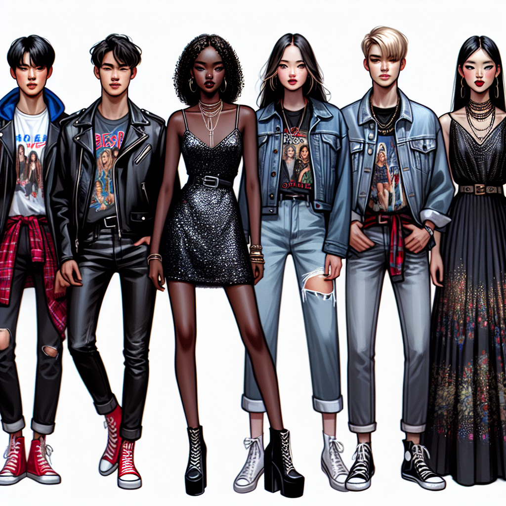 Visualize a diverse group of people ready for a music concert. Each person represents a different ethnic background and gender. Picture the first person, a Caucasian male, wearing a leather jacket and black jeans paired with red high-top sneakers. The second individual, a Black female, is seen in a sequined mini dress, denim jacket and ankle boots. The third image showcases an Asian male in a band t-shirt, ripped jeans and canvas shoes. Lastly, a Middle-Eastern female dons a chic maxi skirt, a blouse and a statement necklace. All effortlessly stunning and fashionable for a concert.