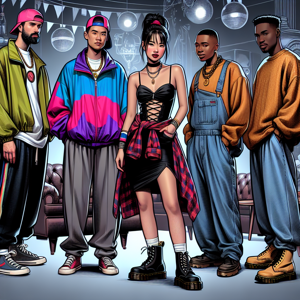 Create an image capturing the essence of 90s fashion. This would include a party setting with several people in various vintage outfits representative of the decade. The first person, a Caucasian man, is wearing a brightly colored windbreaker, baggy jeans and sport sneakers. Beside him, an Asian woman sports a spaghetti strap dress with a flannel shirt tied around her waist and Dr. Martens boots. Then, a Black man is wearing an oversized sweater, backward baseball cap, and baggy pants. In the background, elements of the 90s ambiance such as neon lights and retro decorations are included.