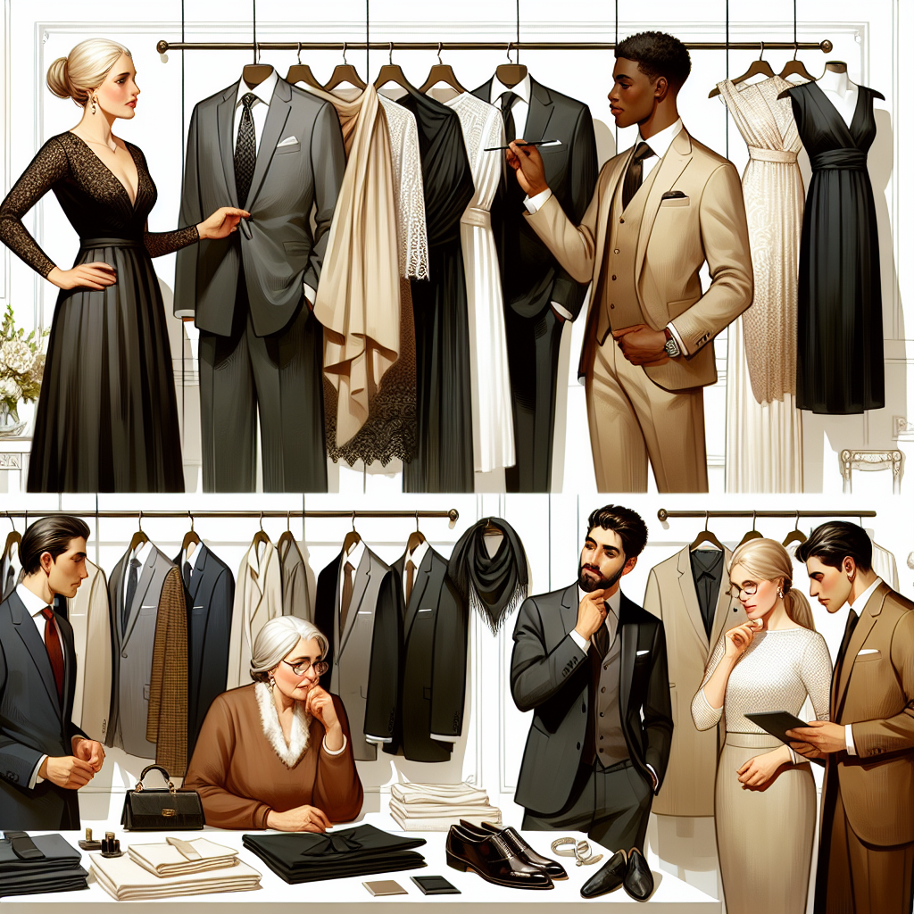 What to Wear to a Wake: Elegant, Respectful Choices Portray a serene clothing boutique showcasing various elegant and respectful attire suitable for a wake. Include an array of sartorial choices such as modest black dresses, neutral-toned suits, tasteful accessories and comfortable footwear. Among the depicted customers, include a Hispanic man deliberating over a selection of ties, a Black woman considering a beautifully draped dress, and a Caucasian woman choosing amongst a range of tasteful accessories. Each individual should convey a sense of solemnity and respect, reflecting the serious nature of the occasion. The general ambiance of the boutique must be tranquil and respectful.
