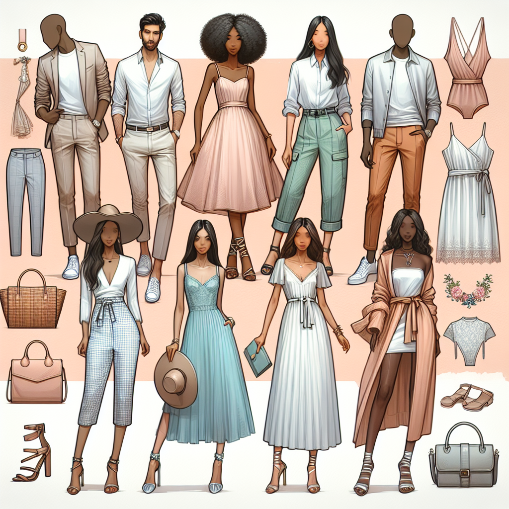 What to Wear to a Baby Shower: Effortless Elegance Envision an image showcasing a selection of chic and elegant clothing suitable for a baby shower. In the center, there's a well-dressed African woman in a pastel-colored midi dress paired with strappy sandals. To her left, an Asian man displays a casual smart look in chinos and a light-colored shirt. There's an array of other outfits shown, including an elegant jumpsuit worn by a Caucasian woman, a colorful yet sophisticated ensemble on a Middle-Eastern woman, and a stylish yet comfortable attire donned by a South Asian man. Surrounding these figures are accessories like handbags, hats, and jewelry displayed tastefully, showcasing effortless elegance.