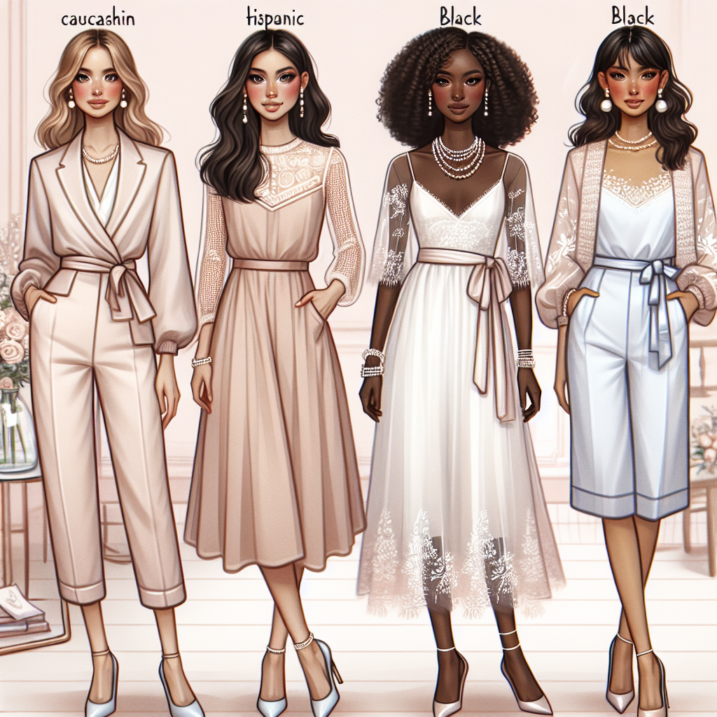 What to Wear to a Bridal Shower: Effortless Elegance Visualize an elegant fashion showcase featuring four women of different descents - Caucasian, Hispanic, Black, and South Asian - styled in sophisticated and effortless ensembles suitable for a bridal shower. Picture them in complementary pastel tones, with garments like chic dresses, stylish jumpsuits, and classy skirts paired with floral or lace blouses. Add details such as pearl jewelry, soft makeup, and neatly styled hairdos. Set the scene in a classy, well-lit venue with a hint of bridal decor.
