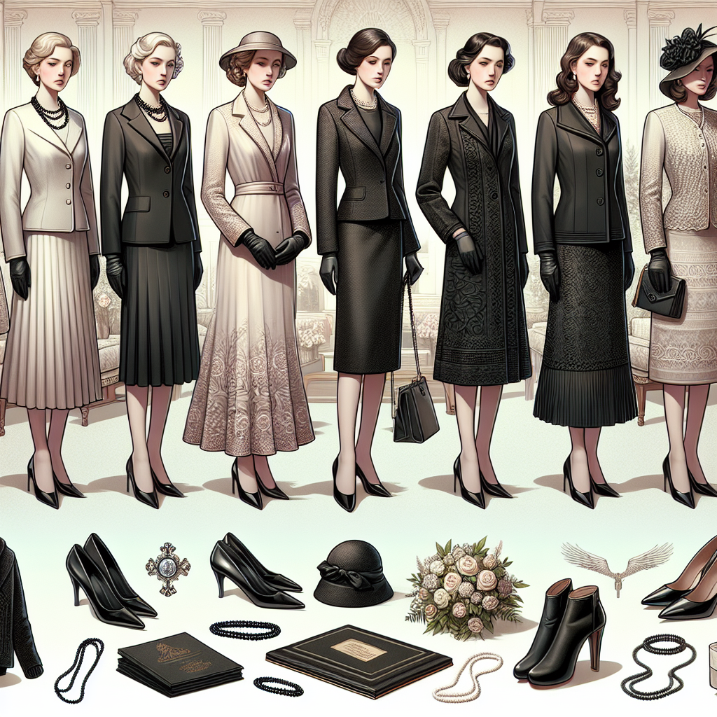 What to Wear to a Funeral Woman: Elegant & Respectful Create a highly detailed image for an article, presenting a collection of elegant and respectful funeral attire for women. Include a selection of softly colored dresses, conservatively cut suits, and layers such as wool shawls and pea-coats. Add accessories like black gloved hands, a string of pearls, and patent-leather heels. There should be a mix of women from different descents, such as an Asian woman in a fitted black dress, a Hispanic woman in a dark suit, and a Caucasian woman in a delicately embroidered dress. The background should have an ambiance of serenity and respect.