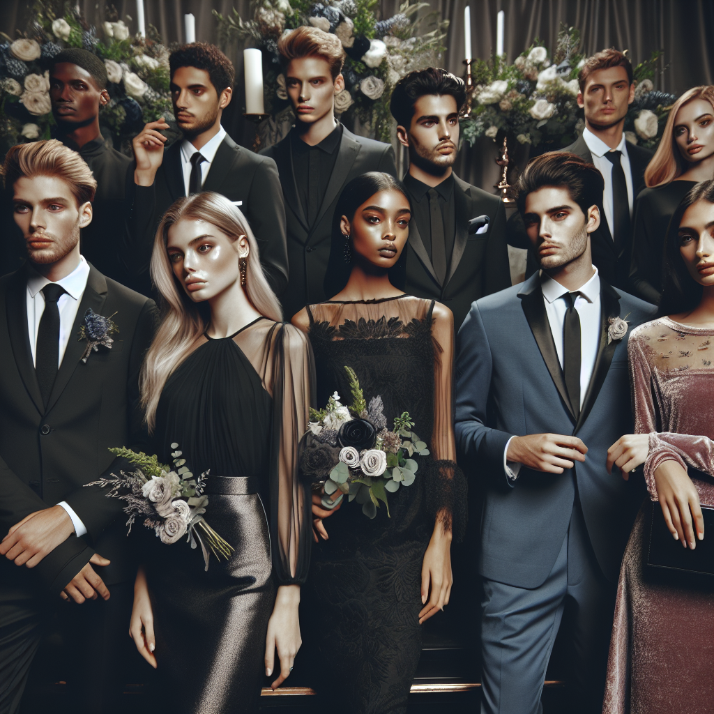 What to Wear to a Celebration of Life: Elegant Choices Depict an elegant and respectful setting for a celebration of life event. Show a variety of people from different descents such as Caucasian, Black, Hispanic, and Middle-Eastern each exhibiting their own unique style. Include a mix of genders where they're all donned in dark, yet elegant attire suitable for the event. Display hints of discreet accent colors in their accessories or flowers. Incorporate a variety of outfits, including sophisticated dresses, sleek trousers, crisp dress shirts and finely tailored suits. Ensure all outfits radiate a sense of respect, remembrance, and celebration.