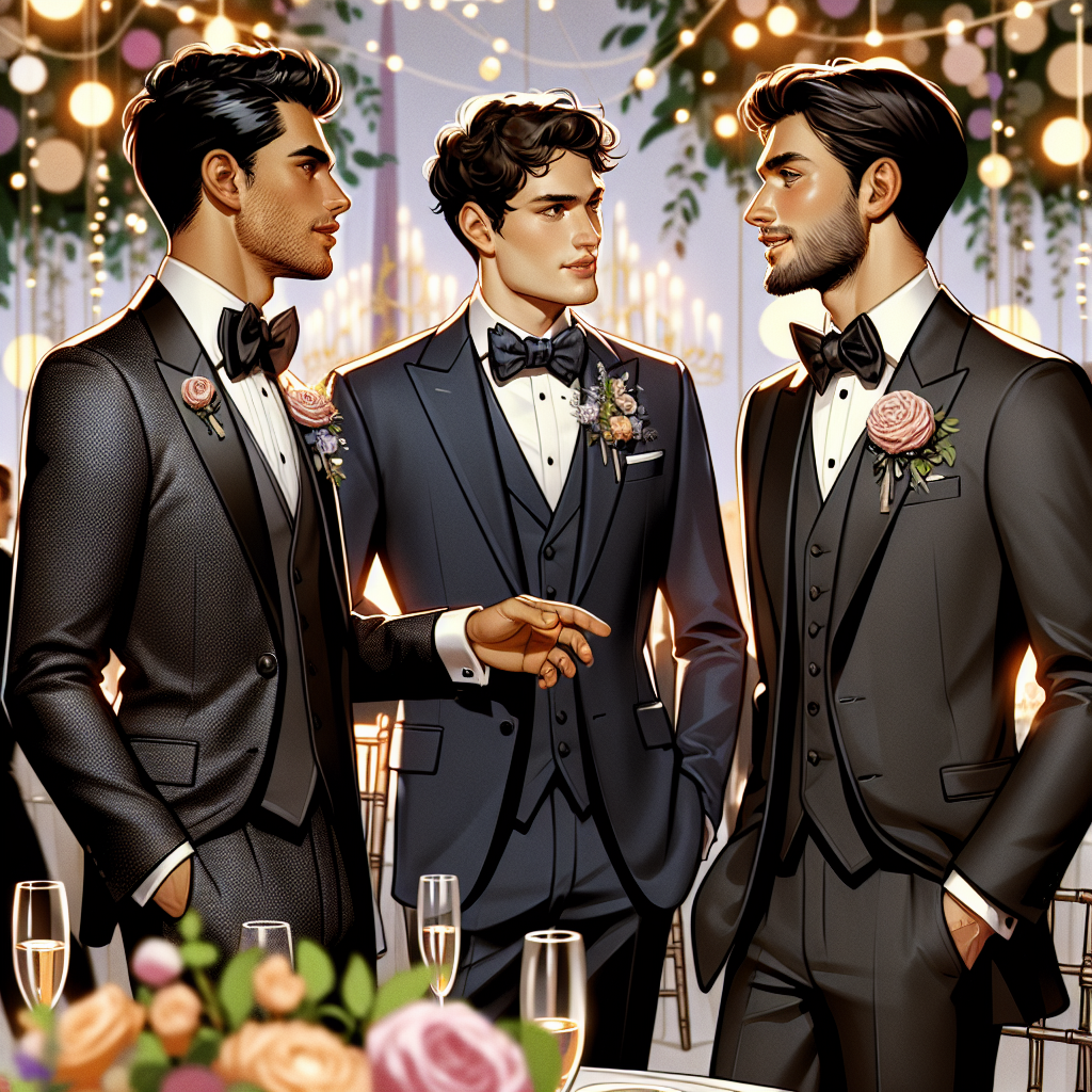 What to Wear to a Wedding Men: Stunning Picks! Illustrate an engaging scene at a lavish wedding reception. Let's see a group of three well-dressed men engaged in conversation. The first man, of Hispanic descent, is wearing a sophisticated charcoal grey tuxedo, with a rose boutonniere adding a touch of color. The second man, of Asian descent, is donning a modern navy blue three-piece suit, with a neatly folded pocket square. The third man, of Middle-Eastern descent, exudes elegance in a classic black tuxedo, complete with a crisp white shirt and dark bow tie. Bright decorations and festive atmosphere frame their conversation.