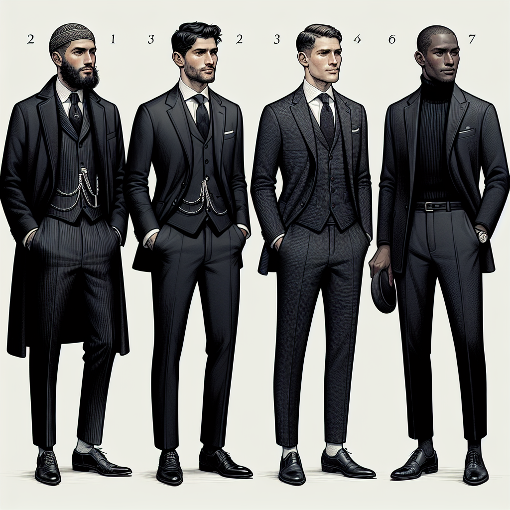 Funeral Attire Men: Effortless, Elegant Options An illustration that depicts four men of different descents - a Middle-Eastern man, a Hispanic man, a Caucasian man, and a Black man - all elegantly dressed in funeral attire. The men are standing side by side demonstrating different variations of formal mourning wear: a deep black traditional suit, a charcoal grey tailored suit, a subdued navy blue ensemble, and a simple yet classic black turtleneck with a dark blazer. Each ensemble is accompanied by subtly sophisticated accessories such as a silver tie clip, a tasteful pocket square, an understated wristwatch, and fine leather shoes.