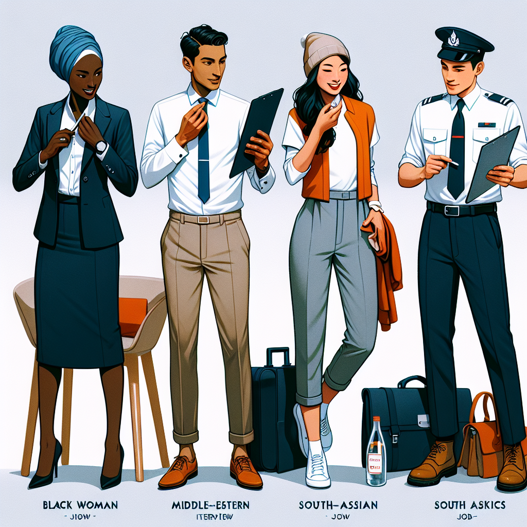 How to Dress for an Interview: Stunning, Confident Looks Visualize a scene of four individuals preparing for various professional interviews, all exhibiting confidence and style in their outfit choices. First, envision a Black woman dressing in a sleek, tailored suit for a corporate job interview. Second, consider a Middle-Eastern man choosing a smart casual outfit with a button-down shirt and khaki pants for a start-up job setting. Next, picture a South Asian woman selecting a creative yet professional ensemble with bright colors for a creative industry role. Lastly, imagine a White man opting for a crisp uniform for an interview in the public services sector. Each person should be depicted checking their reflection, demonstrating their readiness and self-assuredness.