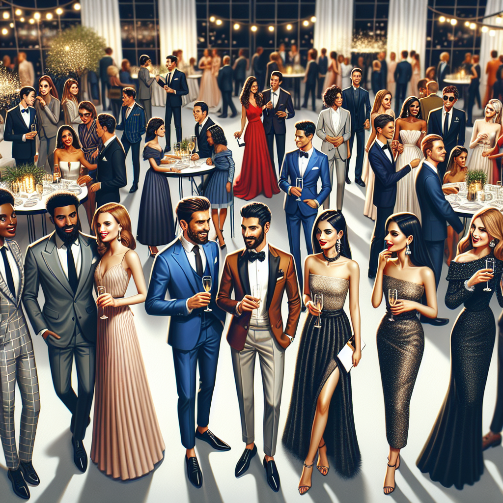 A panoramic view of a bustling wedding venue with multiple guests mingling. The guests are all well-dressed in elegant wedding attire. There's a diverse group of people including a black man in a trendy suit, a Hispanic woman in a fashionable cocktail dress, a Caucasian man in a classic navy suit, a Middle-Eastern woman in a chic formal gown and a South Asian woman in a modern designer saree. Each of them is capturing the essence of unique wedding guest styles. Overall, the scene is vibrant, celebratory, and fashion-forward.