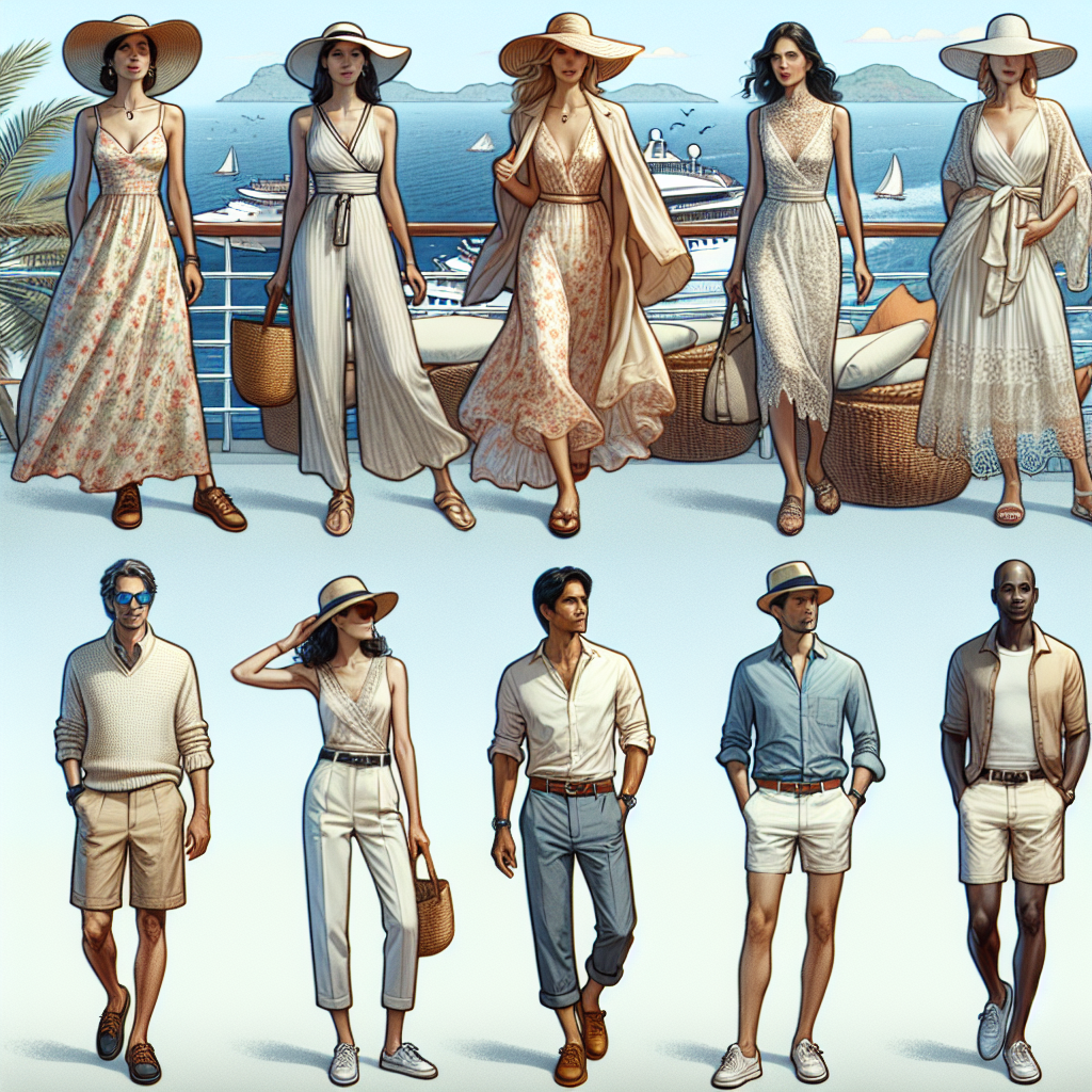 What to Wear on a Cruise: Stunning, Effortless Picks! Imagine an assortment of various chic and comfortable outfits ideal for a luxurious cruise journey. In one corner, visualize a Middle-Eastern woman in her mid-30s, embracing the sea breeze in a flowing sundress with floral patterns and wide-brimmed hat. Nearby, a Hispanic male in his 40s sports a lightweight linen shirt, shorts, and deck shoes, an epitome of casual elegance. Next, a South Asian woman, perhaps in her late 20s, is dressed in a stylish evening gown for a fancy dinner onboard. Finally, a black man, early 50s, donning a smart-casual ensemble of a polo shirt and crisp khaki pants, ready for a fun-filled day of cruise activities.