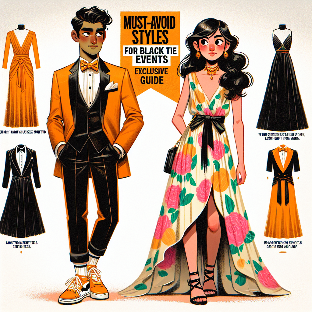 Must-Avoid Styles for Black Tie Events: Exclusive Guide Illustration of a fashion faux pas at a black tie event. Show a male and female character, nodding to the diversity, the male character has a Hispanic descent and the female character is South Asian. Each should be improperly dressed for a black tie event, exhibiting 'must-avoid' styles. The male is sporting a bright orange tux and tennis shoes and the female is wearing a floral print dress with open-toe sandals. A banner at the top reads: 'Must-Avoid Styles for Black Tie Events: Exclusive Guide'.