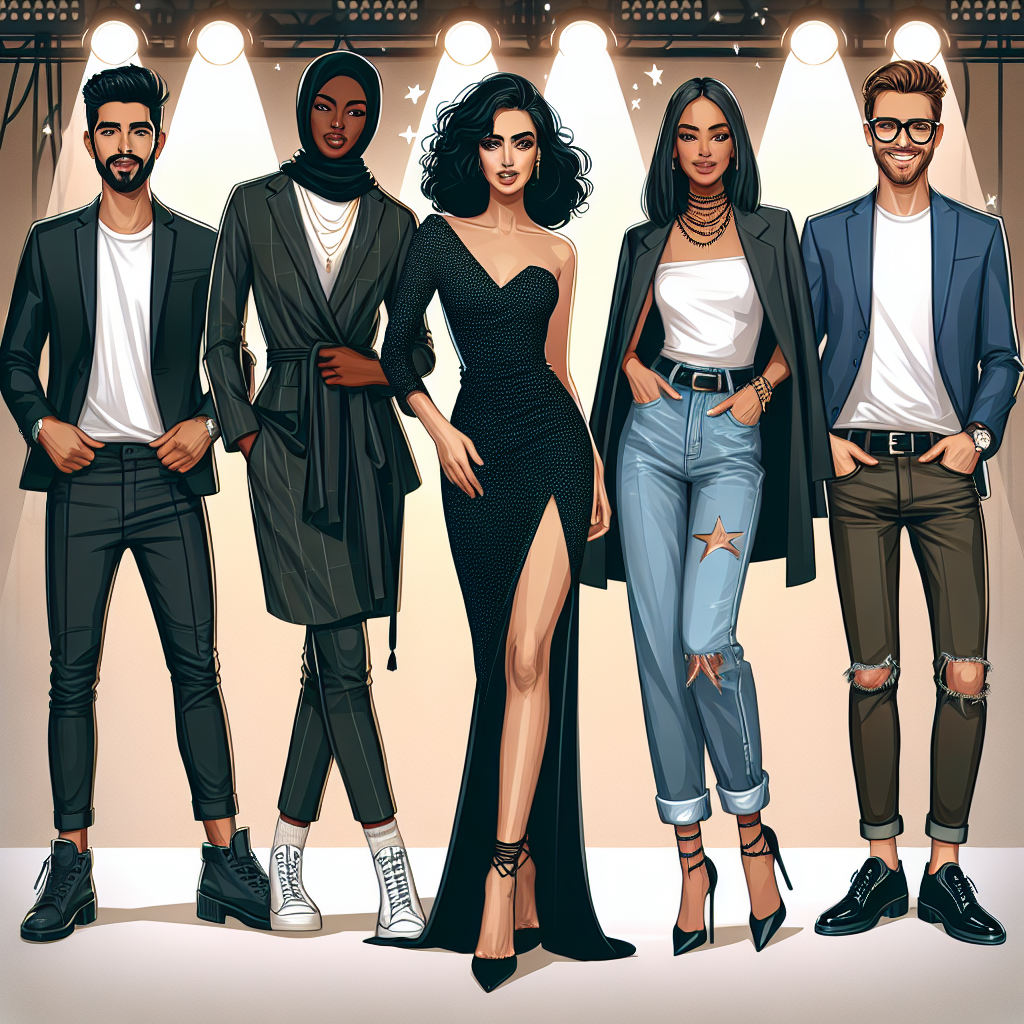 What to Wear to a Comedy Show: Effortless Chic Choices Illustrate a modern fashion guide for a comedy show. Display a range of individuals possessing different descents and genders. Include a Middle-Eastern woman confidently wearing a chic, little black dress with stiletto heels, a South Asian man rocking a casual suit with a graphic tee underneath, a black woman exuding style with a trendy jumpsuit and layered necklaces, and a White man in jeans and a smart blazer. Finally, add an ambience of laughter and enjoyment in the background with tasteful lighting and an abstract impression of a stage.