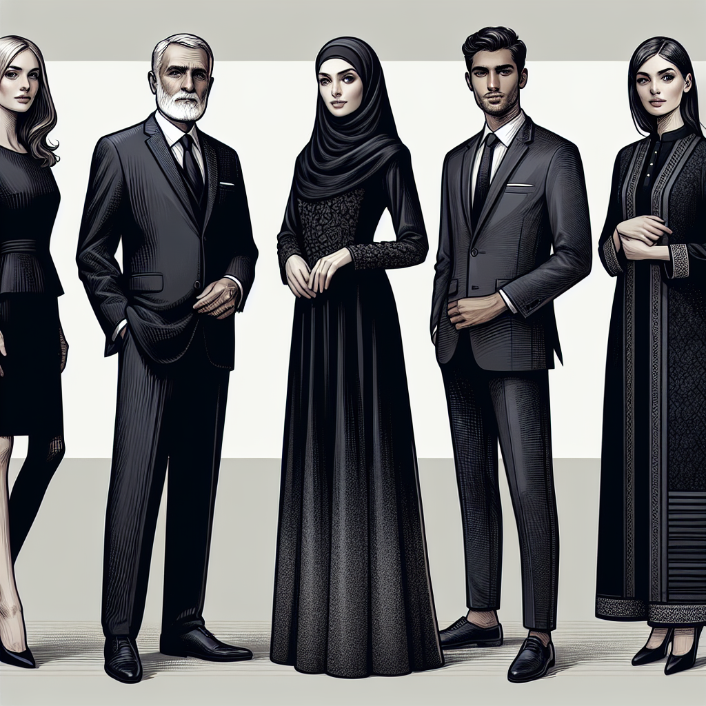 What to Wear to a Funeral: Elegant, Respectful Choices Create an image showcasing a variety of respectful and elegant attire for a funeral. On one side, depict a black, mature man in a classic black suit, white shirt, and tie combo. Alongside him, show a mature Caucasian woman adorned in a tasteful black dress with modest your-length hemline and sleeves. Further, illustrate a young Middle-Eastern woman wearing a sober yet classy black abaya. Finally, on the other end of the spectrum, display a young South-Asian man wearing a dark traditional kurta-pajama set. Pepper the background with sombre shades of gray and muted tones to reflect the solemn occasion.